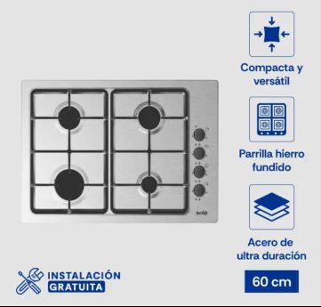 Encimera Acero Inoxidable Sole a Gas 65cm 3 Encimera Acero Inoxidable Sole a Gas 65cm - Imagen 3